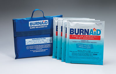 Burnaid&reg; burn blanket kit, 4, 16"x22" burn dressings (equivalent to 5'x7' blanket) in nylon, refillable blue bag, 1 ea. 